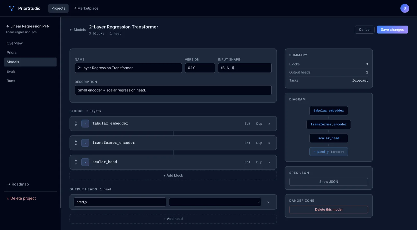 Model designer — stacked block list with config inputs