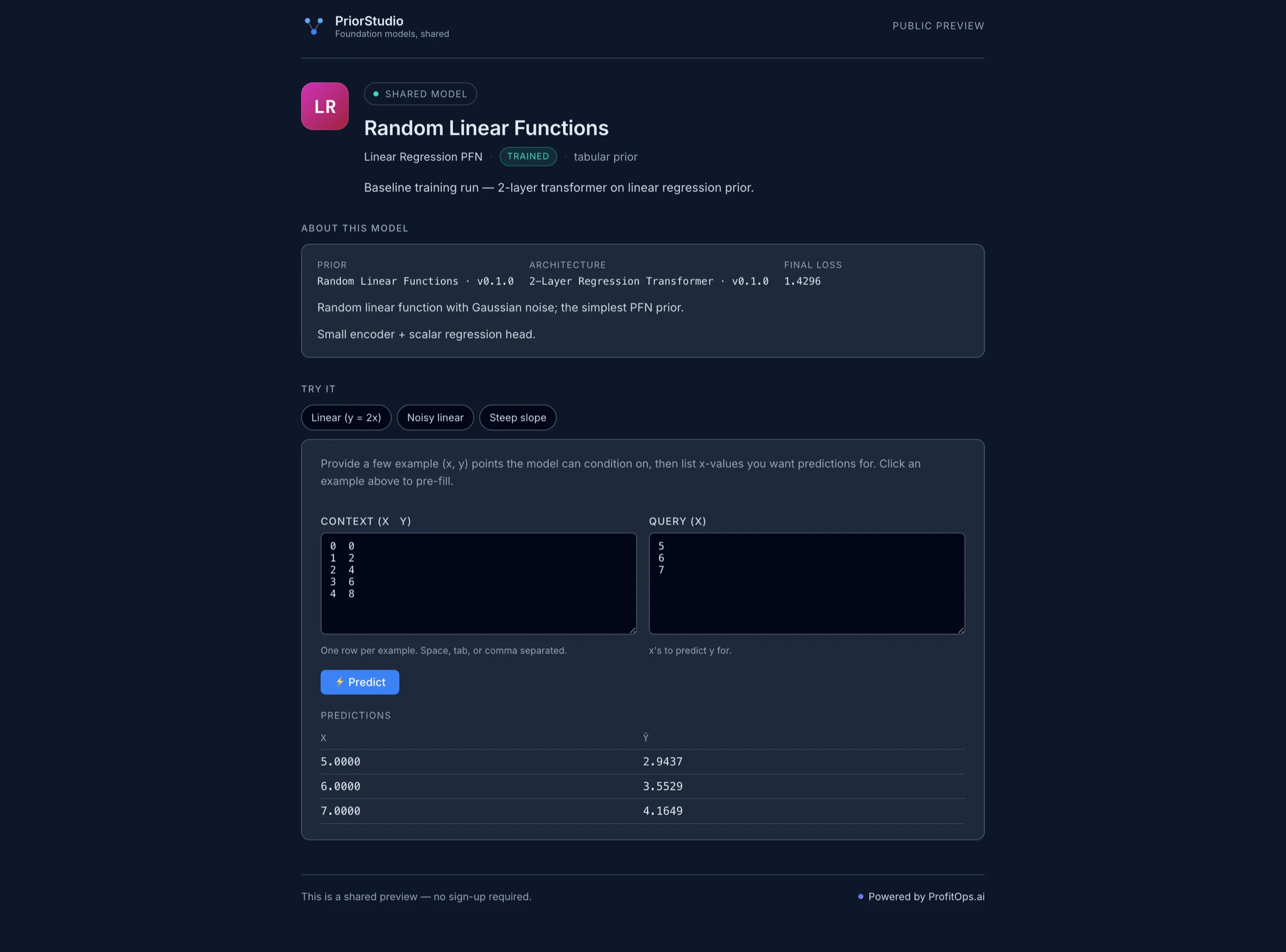 Public share page — Try-it widget with predictions table